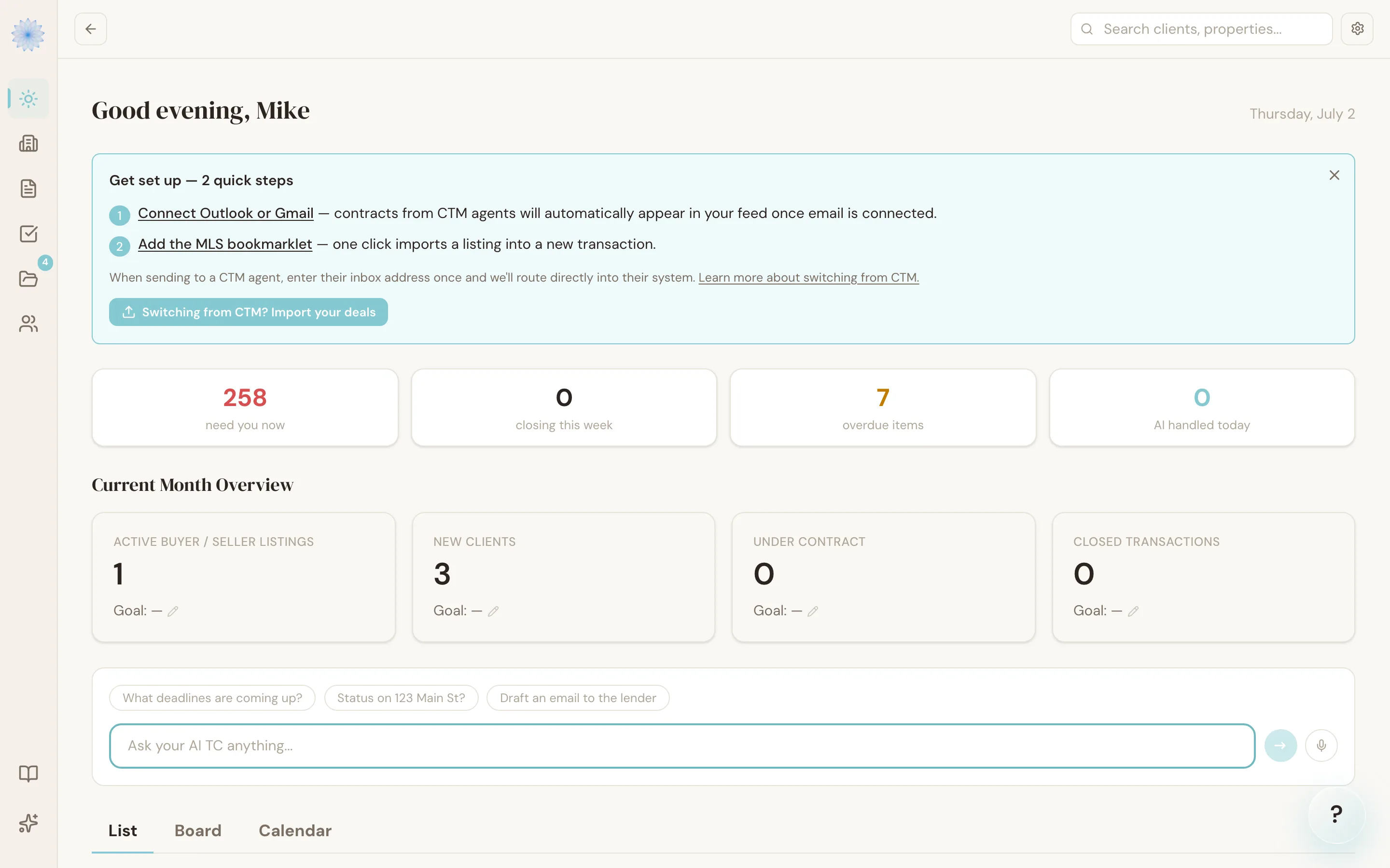 The "Ask your AI TC" box on the Home dashboard, with suggested questions