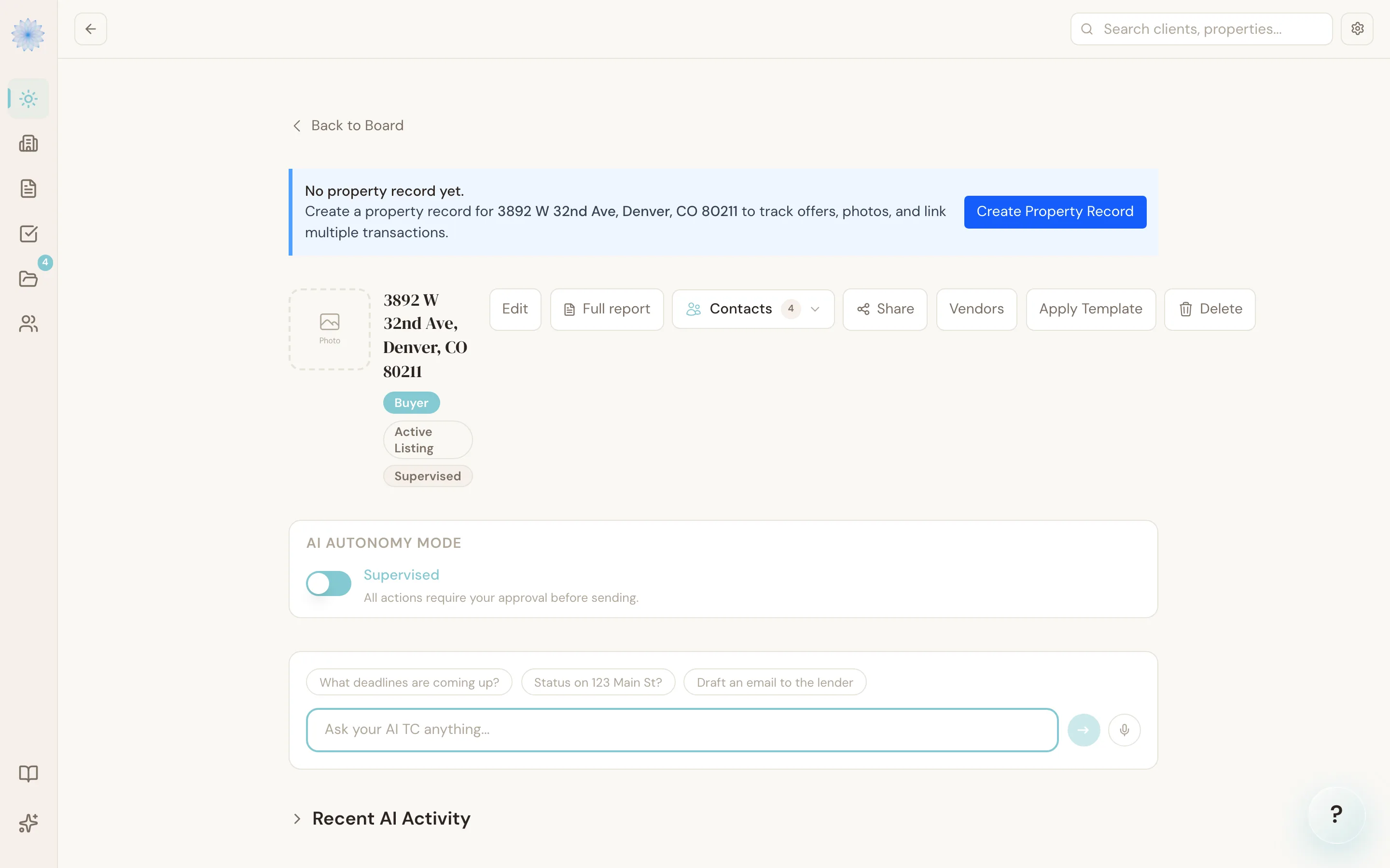 The per-transaction AI Autonomy Mode toggle near the top of a transaction detail page