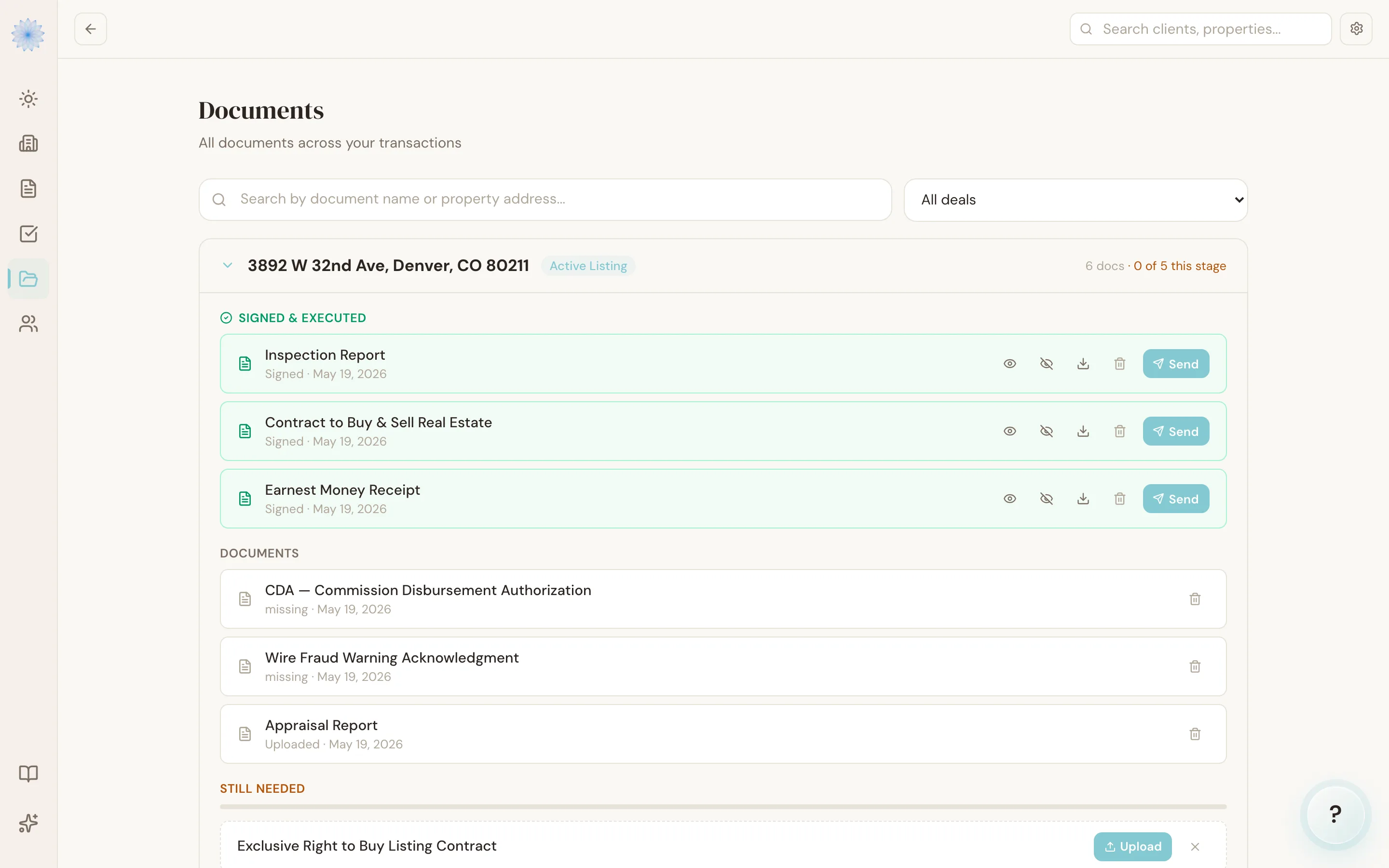 The Documents hub, showing uploaded and received files