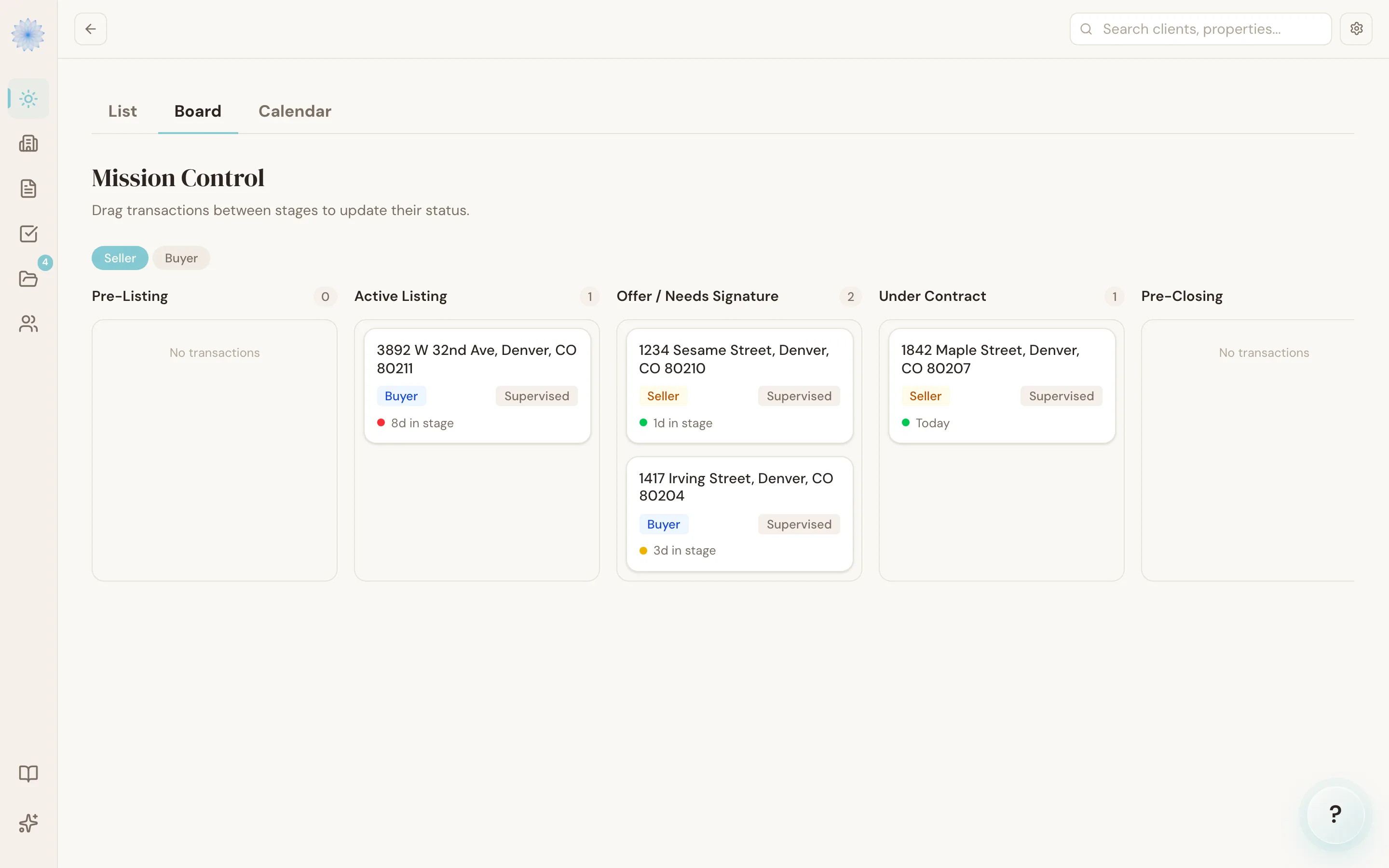 The Kanban board, showing transactions grouped by stage as draggable cards