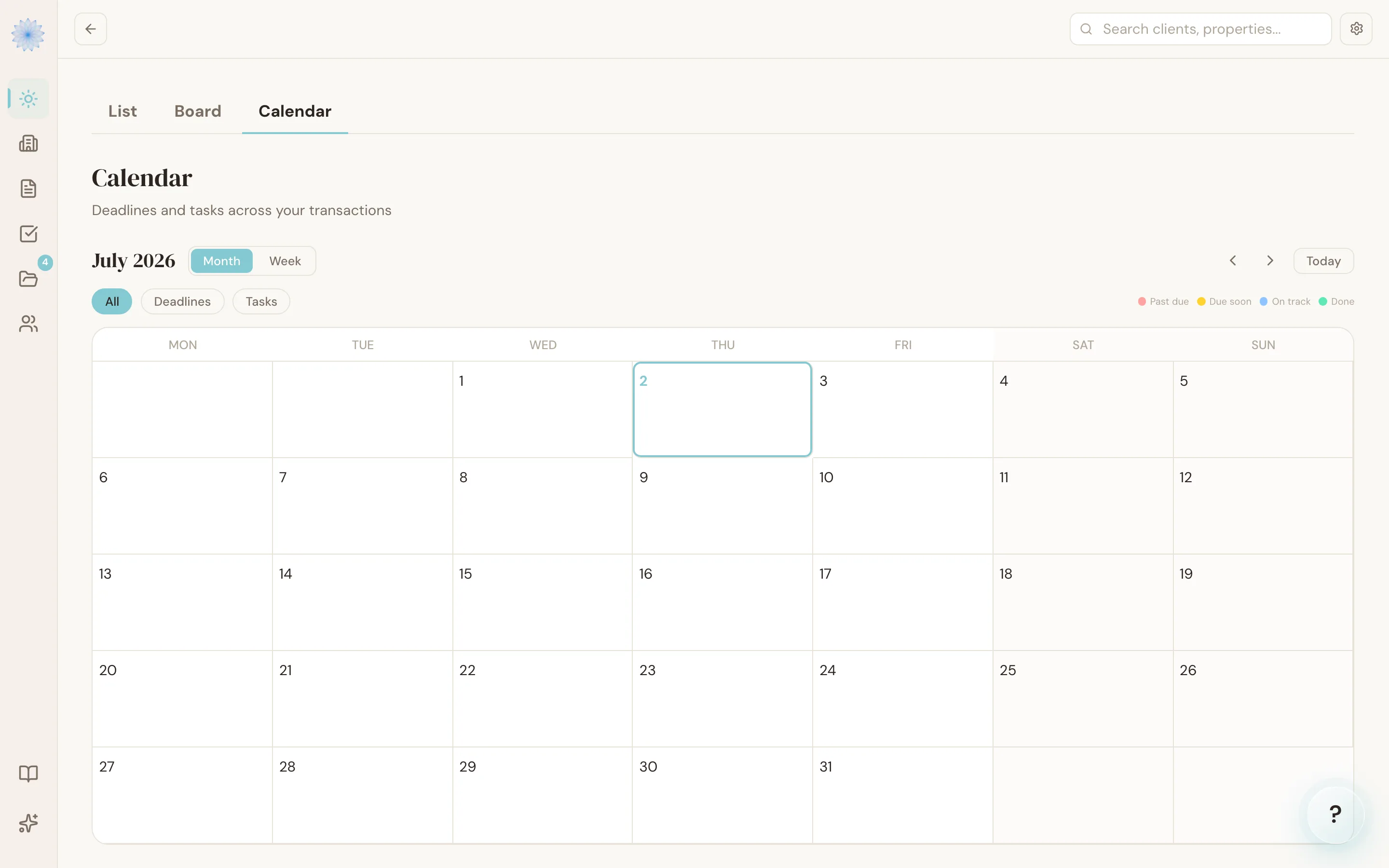 The Calendar view of upcoming transaction deadlines