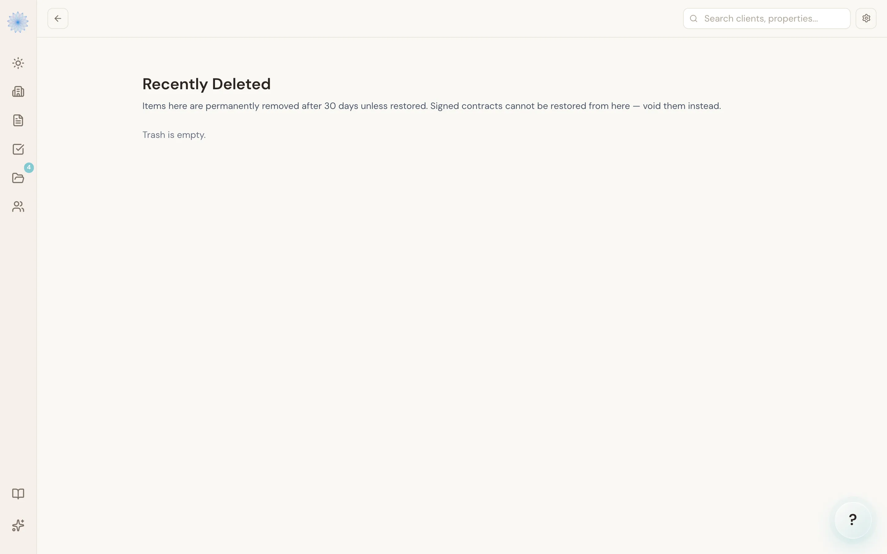 The Trash page, showing archived and deleted transactions available for recovery